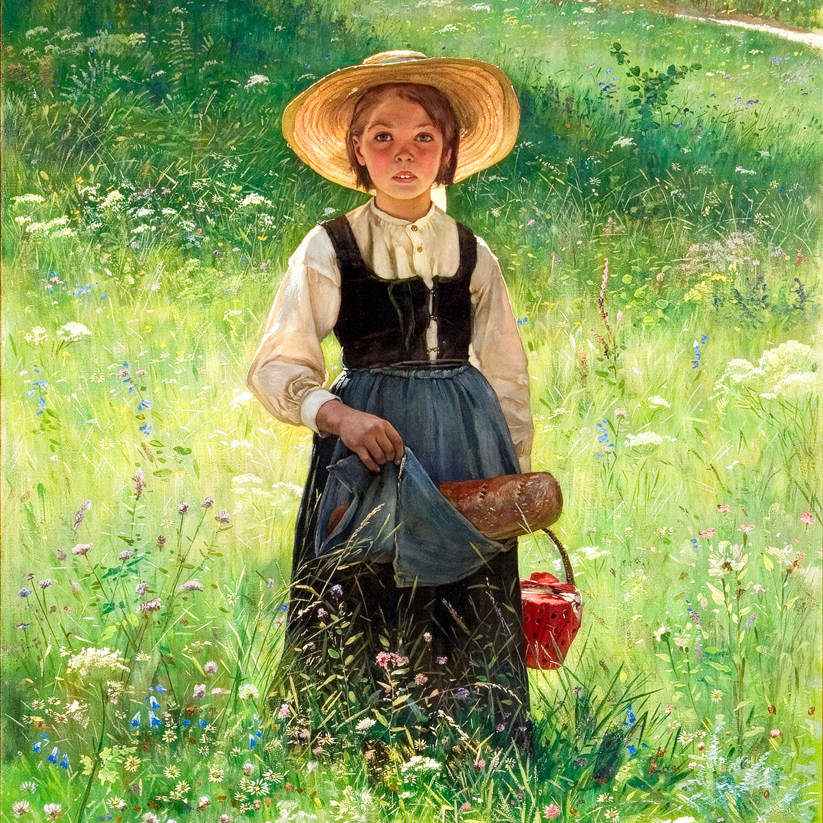 Red Basket antique painting of a young girl wearing a straw hat and carrying a red basket in a sunlit wildflower meadow.