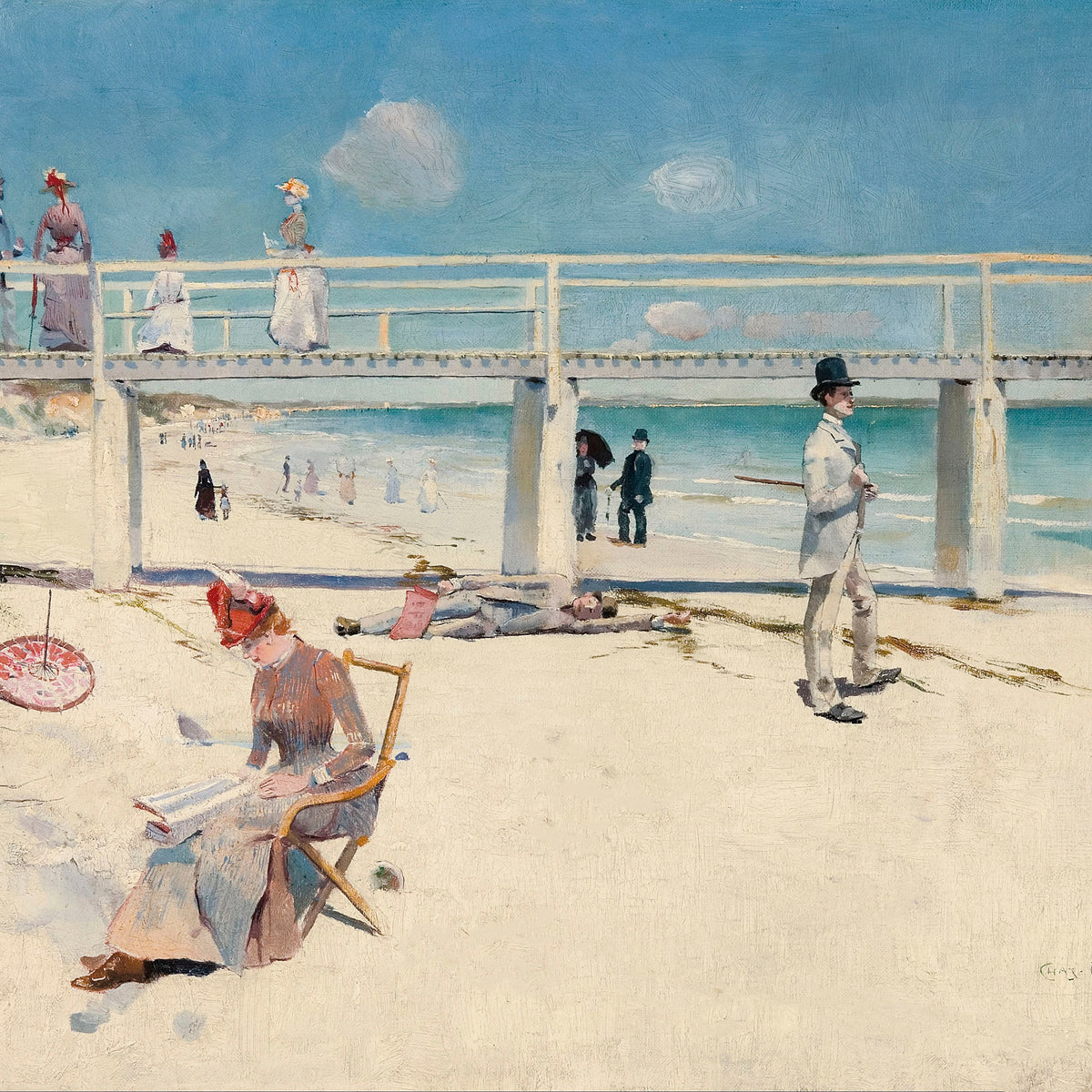 Holiday at Mentone antique coastal painting showing Victorian holiday makers on a sunny Mediterranean beach, a woman reading in a chair, and a white seaside promenade beneath a blue sky.