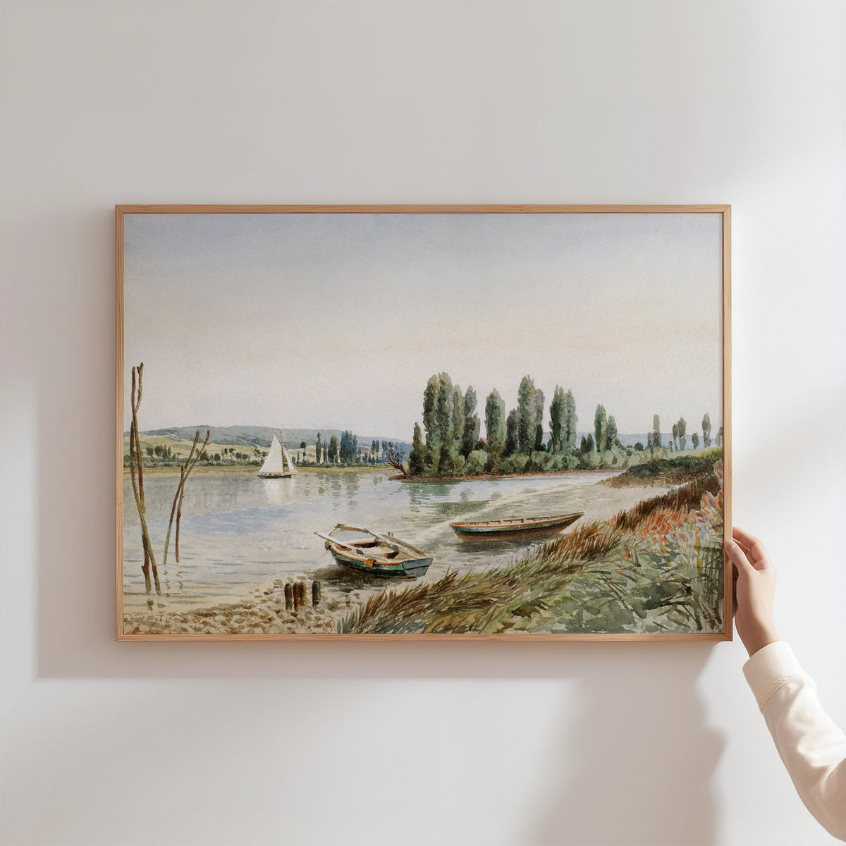 landscape with boats- antique art print